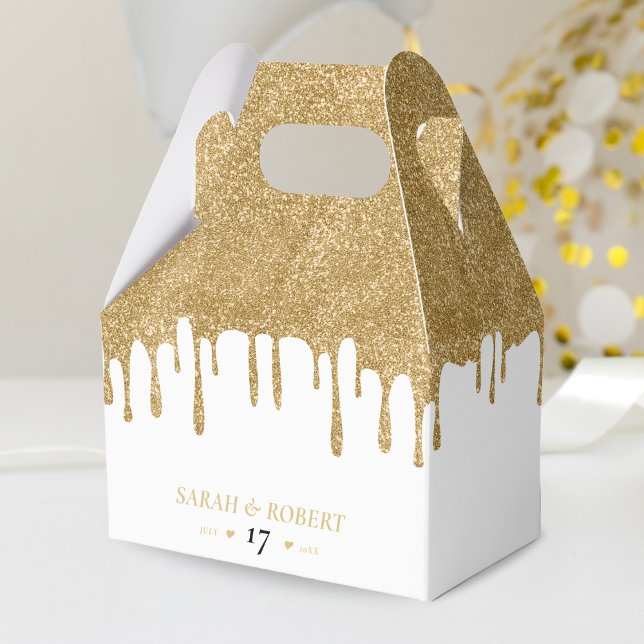 White & Gold Glitter Drip Wedding Favour Box (White & Gold Glitter Drip Wedding Favor Box)