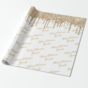 White Gold Glitter Dripping Christmas Name Script Wrapping Paper