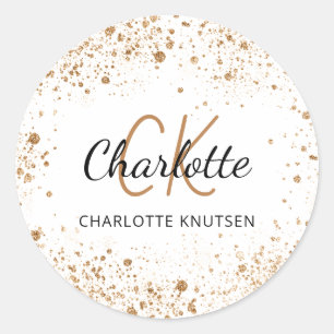 White gold glitter dust monogram initials name  classic round sticker