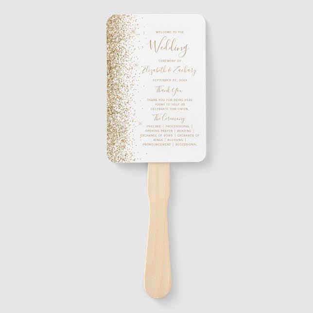 White Gold Glitter Edge Wedding Program Hand Fan (Front)