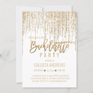 White Gold Glitter Fringe Curtain Bachelorette Invitation
