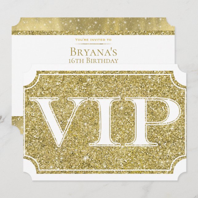 White & Gold Glitter Glam VIP Party Event Ticket Invitation (Front/Back)