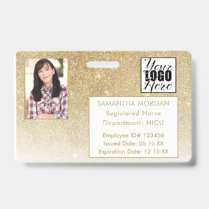 White Gold Glitter Gradient Photo Logo Employee ID Badge