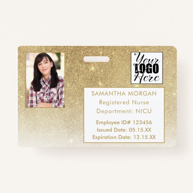 White Gold Glitter Gradient Photo Logo Employee ID ID Badge (Front)