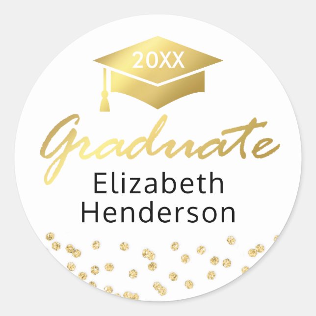 White Gold Glitter Graduate Graduation Classic Round Sticker (Front)