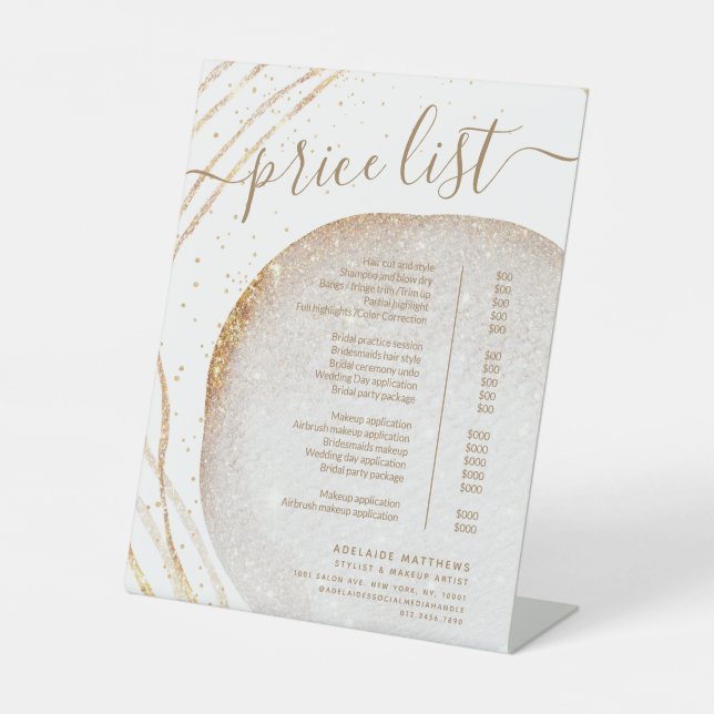 White Gold Glitter Hair Stylist Price List Menu Pedestal Sign (Front)