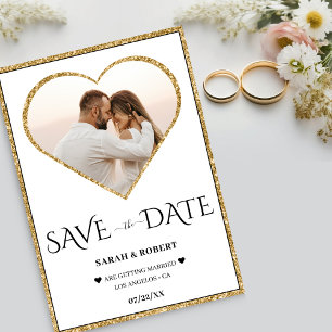 White & Gold Glitter Heart Photo Wedding Save The Date