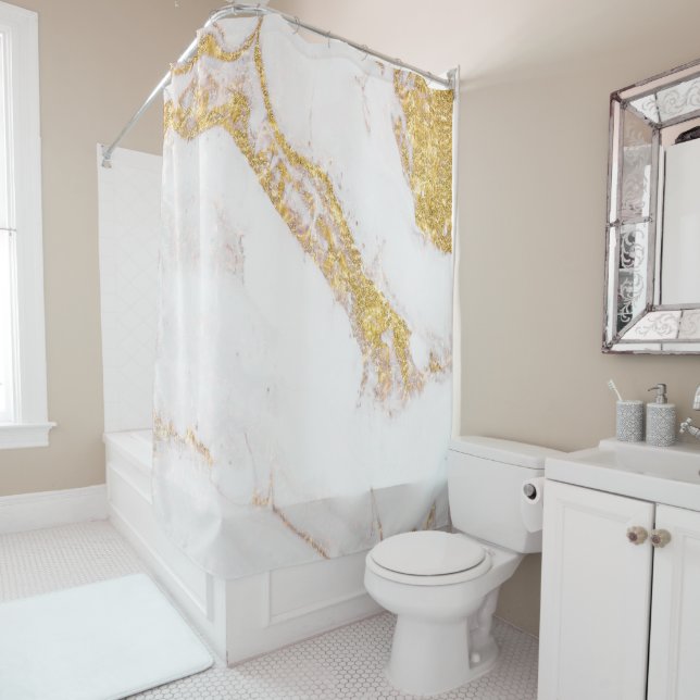 White gold glitter marble ceramic tile Wrapping Pa Shower Curtain (In Situ)