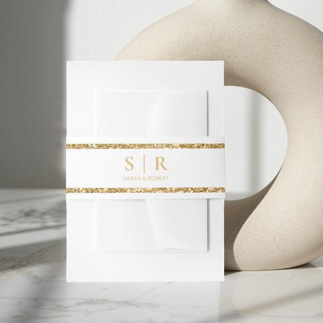White & Gold Glitter Monogram Initial Wedding Invitation Belly Band (White & Gold Glitter Monogram Initial Wedding Invitation Belly Band)