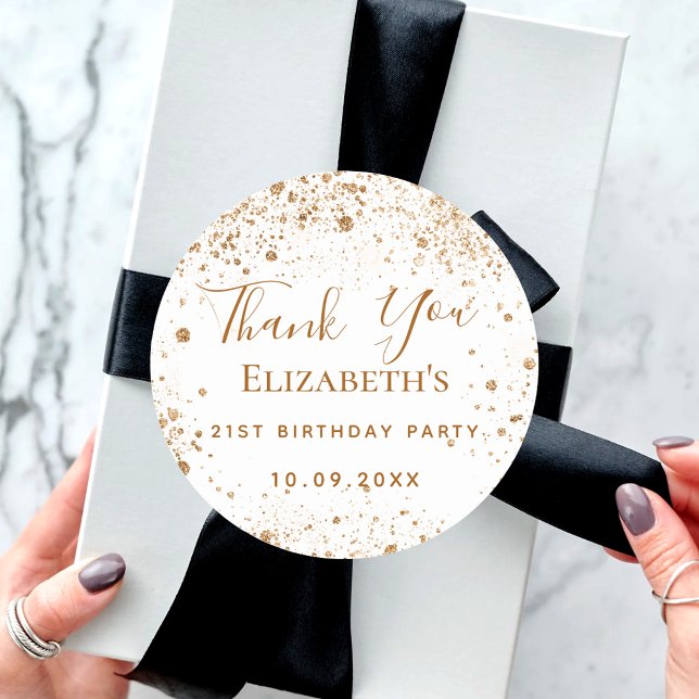 White gold glitter name birthday Thank You Classic Round Sticker (Creator Uploaded)