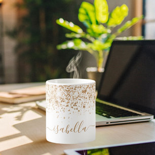 White gold glitter name script coffee mug