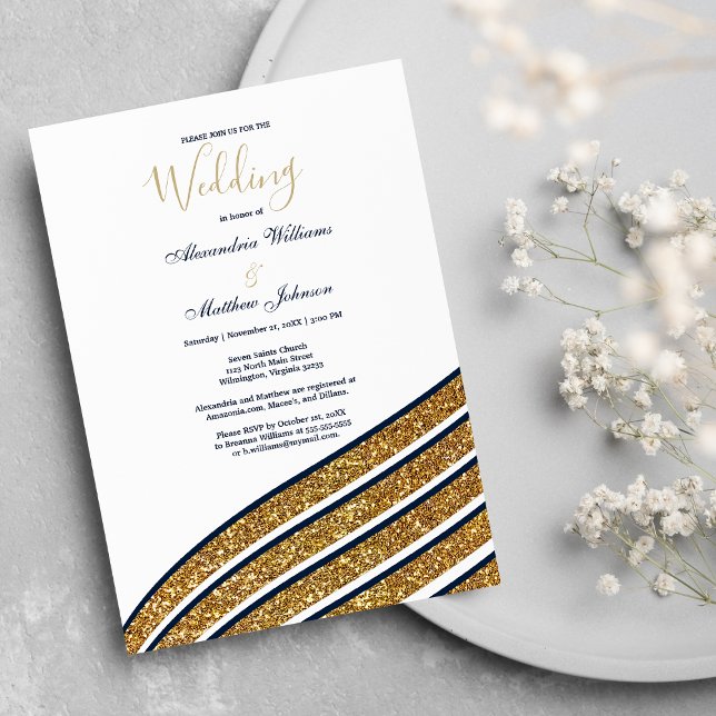 White gold glitter navy blue geometric Wedding Invitation (White gold glitter navy blue geometric Wedding )