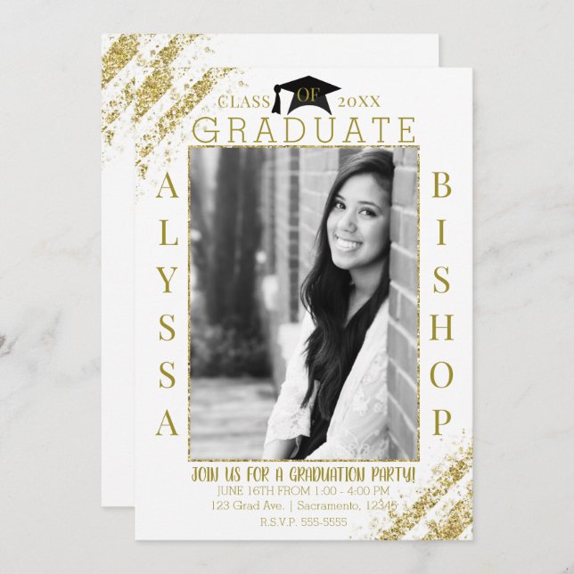 White Gold Glitter Photo Graduation Graduate Party Invitation (Front/Back)