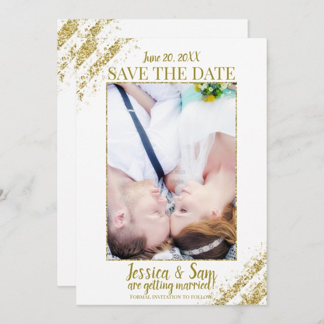 White & Gold Glitter Photo Save the Date Wedding Invitation (Front/Back)