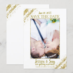 White & Gold Glitter Photo Save the Date Wedding Invitation