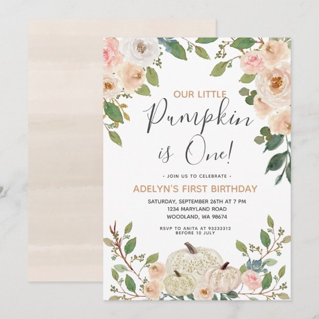 White Gold Glitter Pumpkin 1st Birthday Invitation (Front/Back)
