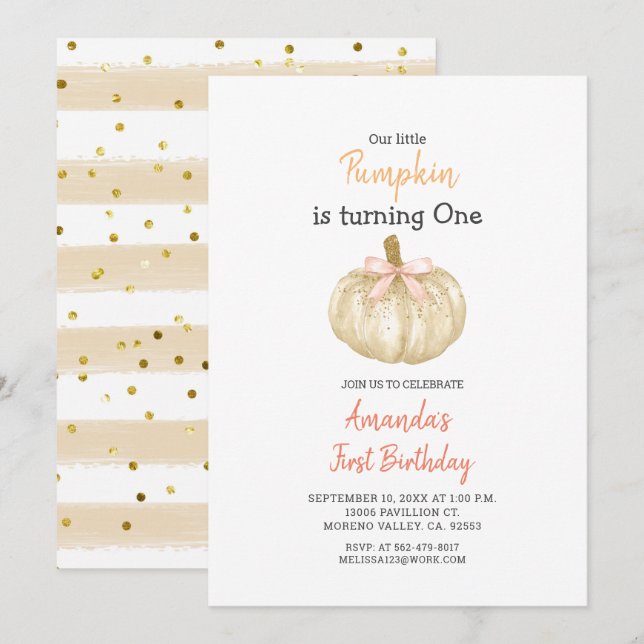 WHITE Gold Glitter Pumpkin 1st Birthday Invitation (Front/Back)