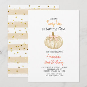 WHITE Gold Glitter Pumpkin 1st Birthday Invitation