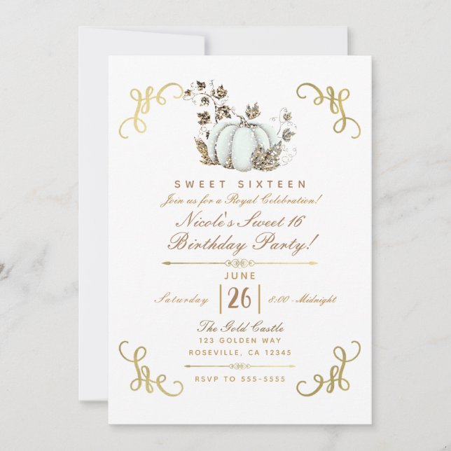 White & Gold Glitter Pumpkin Sweet 16 Party Invitation (Front)