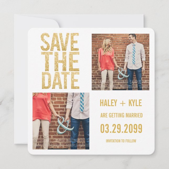 White Gold Glitter Save the Date Photo Cards (Front)