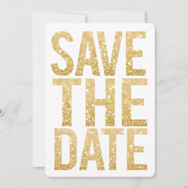 White & Gold Glitter Save the Date Typography Invitation (Front)