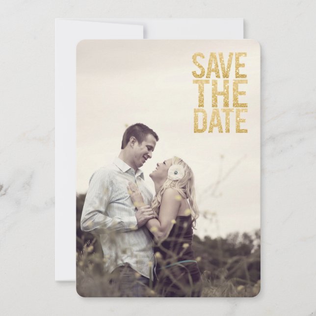 White Gold Glitter Save the Date Typography Photo Invitation (Front)