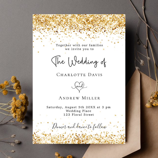 White gold glitter script elegant wedding invitation (Creator Uploaded)