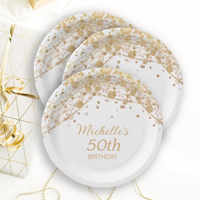 White Gold Glitter String Lights Birthday Party Paper Plate (Creator Uploaded)