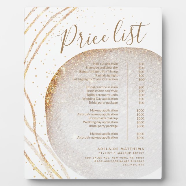 White Gold Glitter Stylist Salon Price List Menu Plaque (Front)