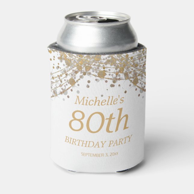 White Gold Glitter Surprise 80th Birthday  Can Cooler (Can Back)