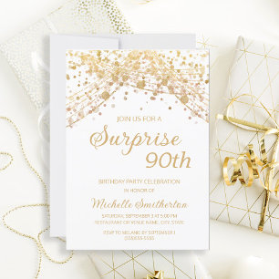 White Gold Glitter Surprise 90th Birthday  Invitation