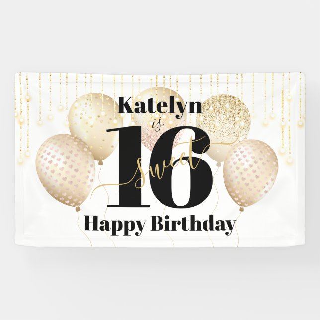 White Gold Glitter Sweet 16 Birthday Balloons Bold Banner (Horizontal)