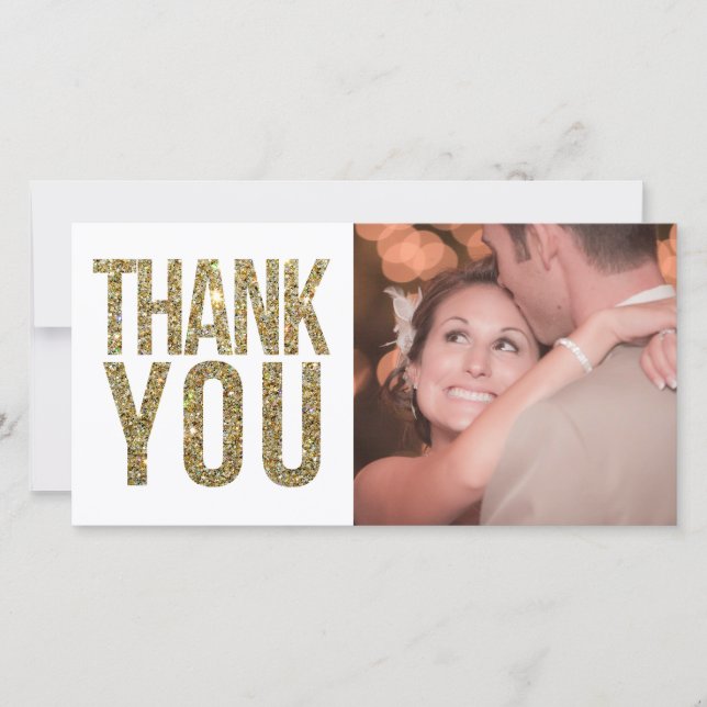 White & Gold Glitter Thank You Photo Cards (Front)