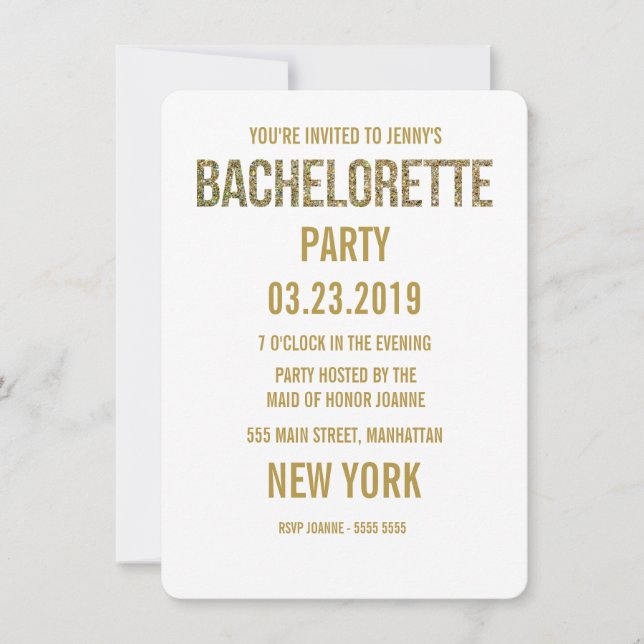White Gold Glitter Typography Bachelorette Invite (Front)