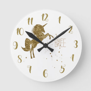 White & Gold Glitter Unicorn & Stars Personalised Round Clock