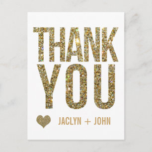 White & Gold Glitter Wedding Thank You Postcard