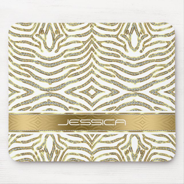 White & Gold Glitter With White Zebra Stripes Mouse Mat (Front)