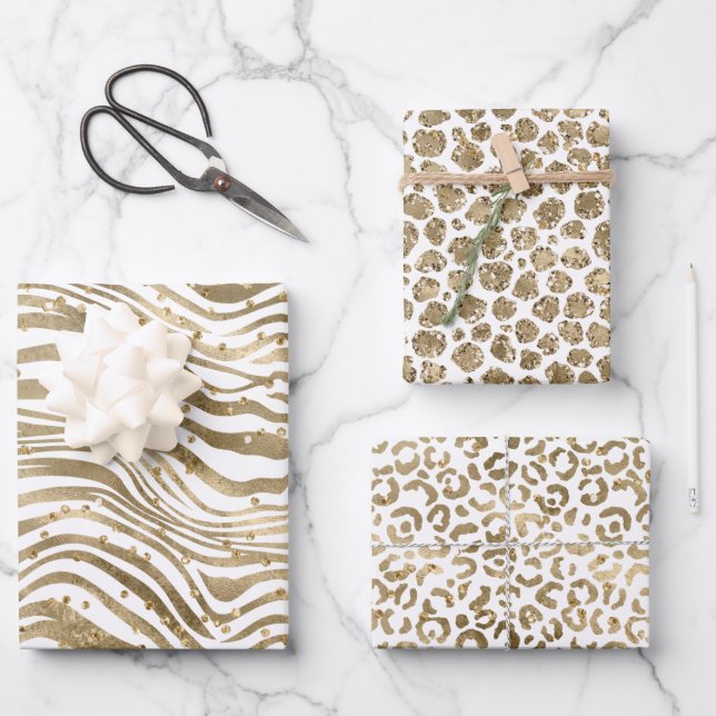 White Gold Glitz Sparkle Animal Prints Wrapping Paper Sheet (Front)