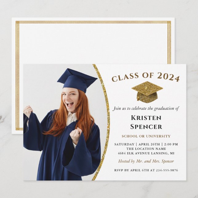 White Gold Graduate Photo Frame Graduation Party Invitation (Front/Back)