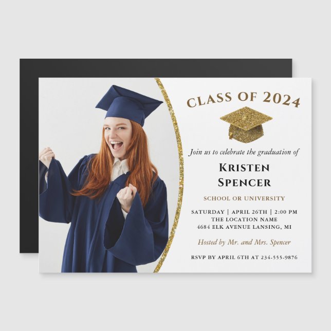 White Gold Graduate Photo Graduation Party Magnet (Front/Back)