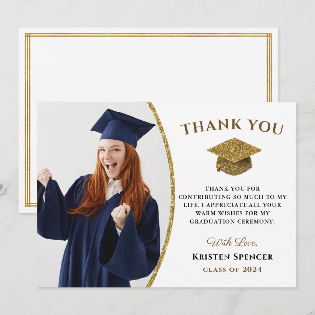 White Gold Graduate Photo Graduation Thank You Card (Front/Back)