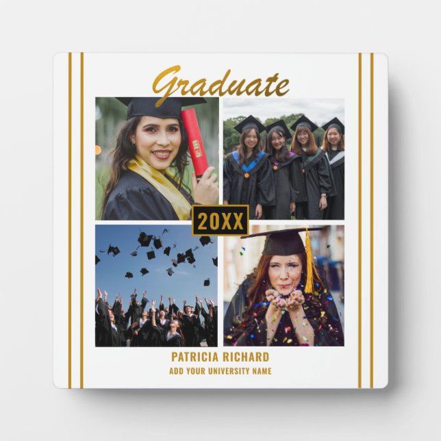 White Gold Graduation 4 Photo Collage Keepsake Plaque (Front)