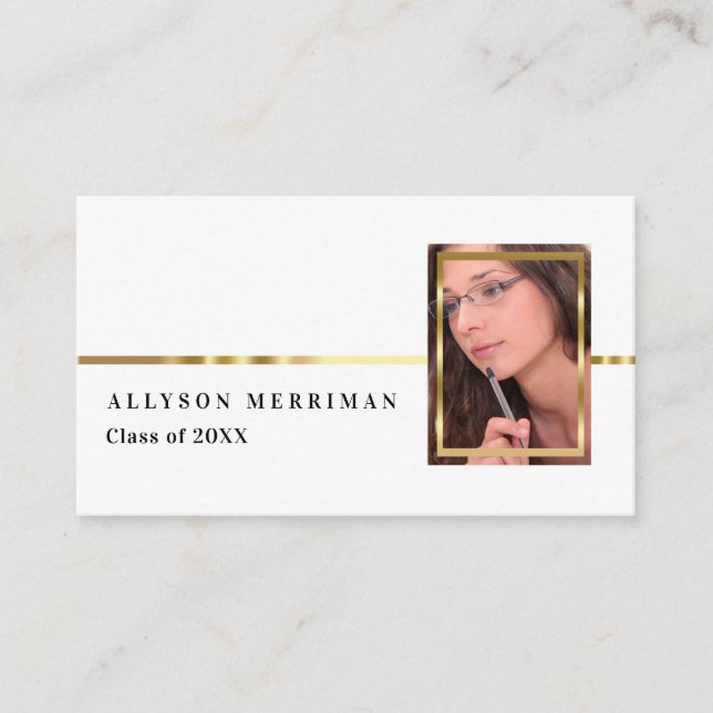 White | Gold Graduation Photo Insert Name Cards (Front)