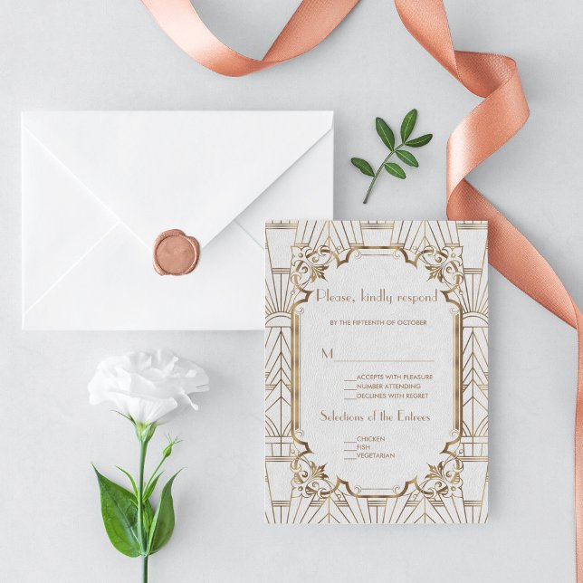 White Gold Great Gatsby Art Deco 1920s RSVP Card (Creator Uploaded)