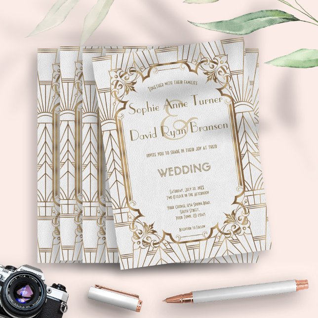 White Gold Great Gatsby Art Deco 1920s Wedding Invitation (trendy great Gatsby wedding invitation, Art Deco wedding invitation, white gold Art Deco wedding )