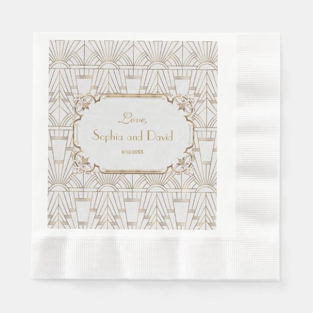 White Gold Great Gatsby Art Deco 1920s Wedding Napkin (Front)