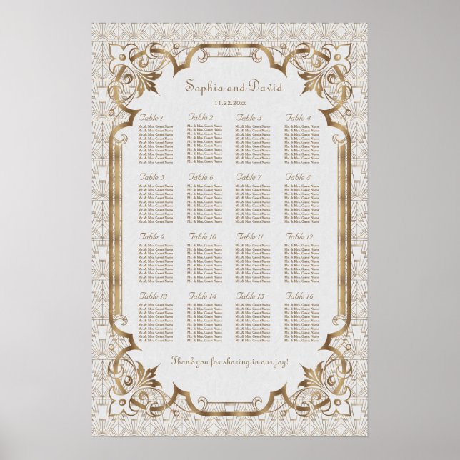 White Gold Great Gatsby Art Deco Seating Chart (Front)