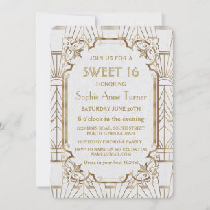 White Gold Great Gatsby Art Deco Sweet 16 Invite