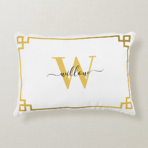 White & Gold Greek Key Monogrammed Decorative Cushion
