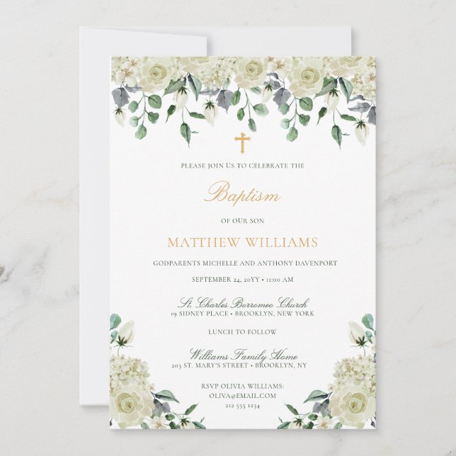 White Gold Green Floral Baptism Invitation (Front)